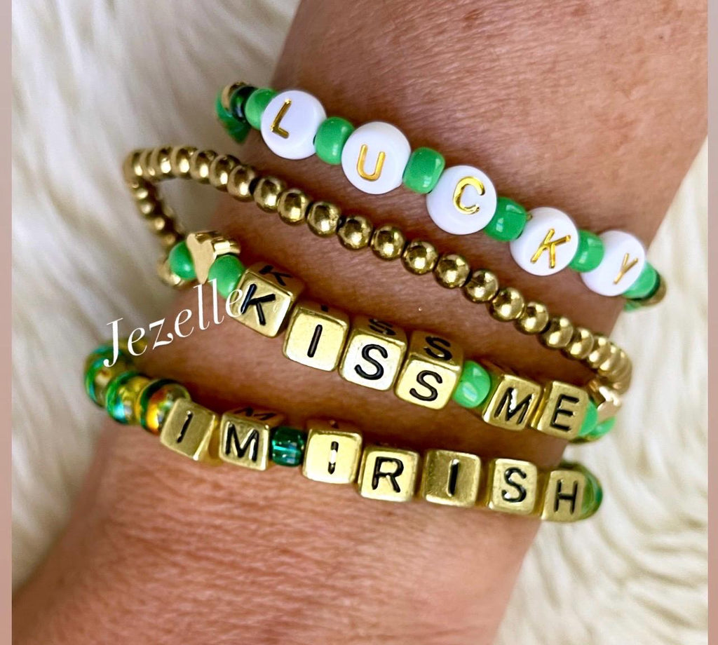 St. Patrick's day Themed Custom Bracelets, Kiss Me I'm Irish, Lucky, St. Paddy's Day Green, Jewelry, Personalized Beaded Stretchy Bracelets