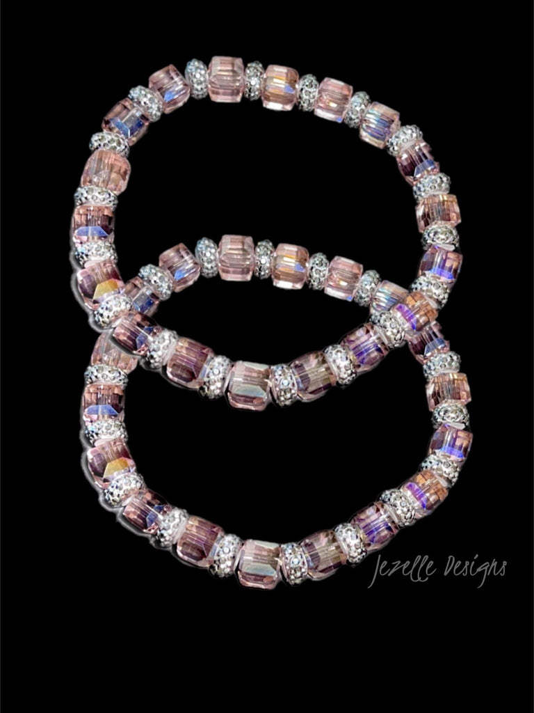 Custom Bling Bracelets, Women’s Jewelry, Pink Silver Crystal Bracelets, Pink AB Iridescent Rhinestones with Silver Crystal Beading