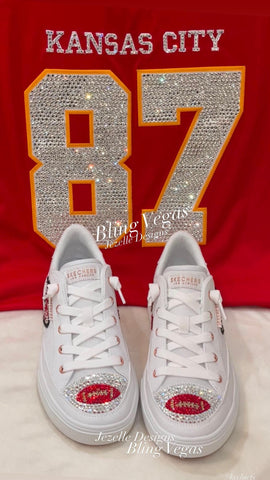 Image of Custom Chiefs Bling Skechers, Women's NFL Crystal Sneakers, Kansas City Game Day Shoes