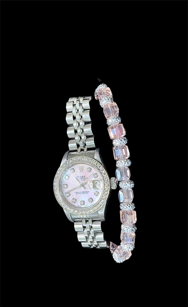 Custom Bling Bracelets, Women’s Jewelry, Pink Silver Crystal Bracelets, Pink AB Iridescent Rhinestones with Silver Crystal Beading
