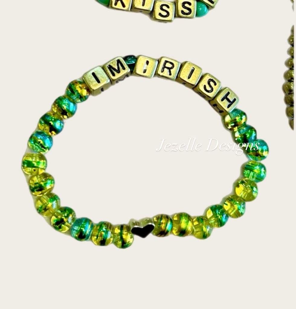 St. Patrick's day Themed Custom Bracelets, Kiss Me I'm Irish, Lucky, St. Paddy's Day Green, Jewelry, Personalized Beaded Stretchy Bracelets