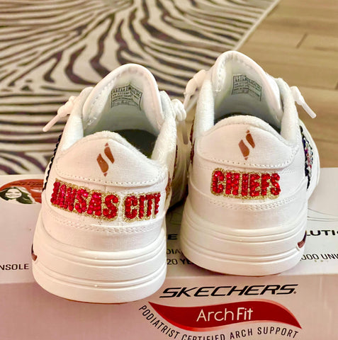 Image of Custom Chiefs Bling Skechers, Women's NFL Crystal Sneakers, Kansas City Game Day Shoes