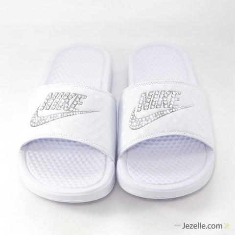 Image of Crystal Nike Benassi Slides, White, hand-jeweled by JezelleDesigns