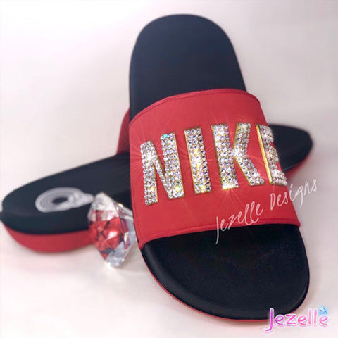 Image of Crystal Nike Offcourt Slides, Black/Red, hand-jeweled by JezelleDesigns