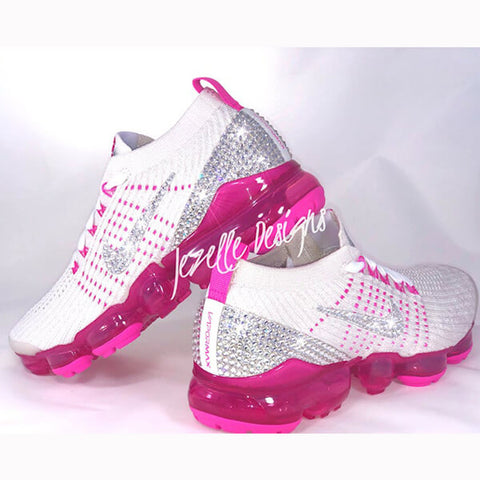 Image of Crystal Nike VaporMax Flyknit 3, White/Hot Pink, hand-jeweled by JezelleDesigns