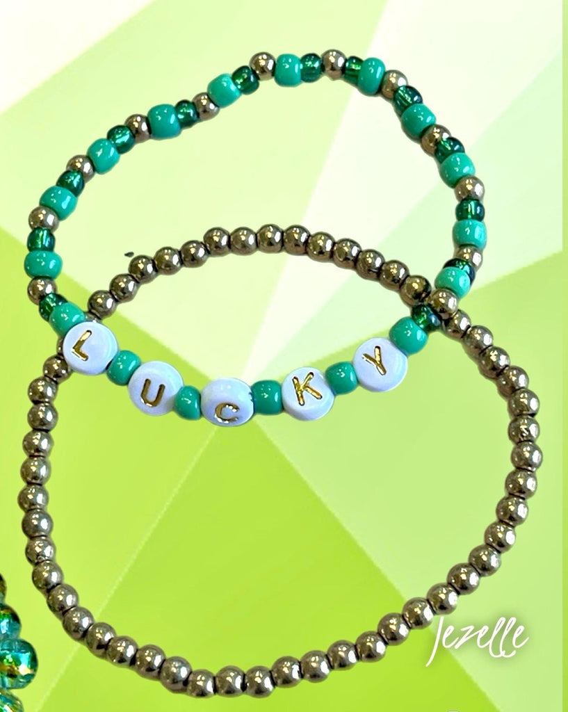 St. Patrick's day Themed Custom Bracelets, Kiss Me I'm Irish, Lucky, St. Paddy's Day Green, Jewelry, Personalized Beaded Stretchy Bracelets