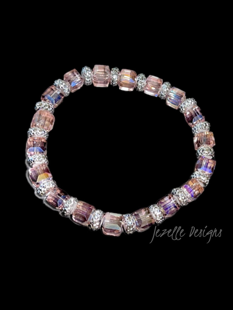 Custom Bling Bracelets, Women’s Jewelry, Pink Silver Crystal Bracelets, Pink AB Iridescent Rhinestones with Silver Crystal Beading