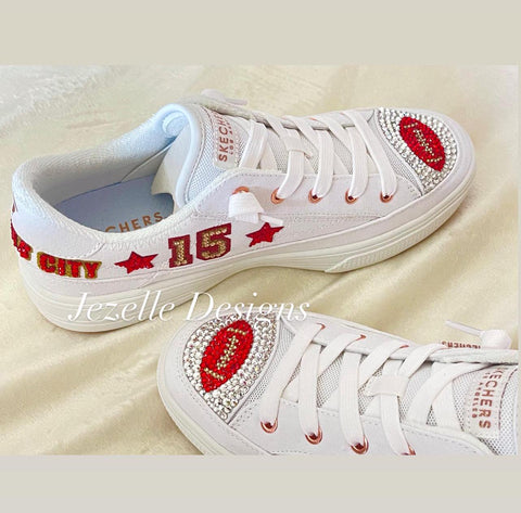 Image of Custom Chiefs Bling Skechers, Women's NFL Crystal Sneakers, Kansas City Game Day Shoes