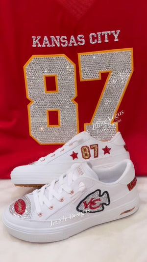 Custom Chiefs Bling Skechers, Women's NFL Crystal Sneakers, Kansas City Game Day Shoes