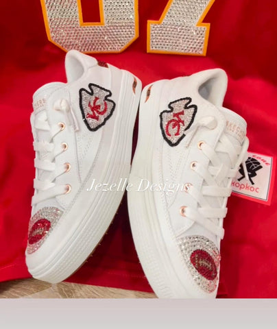 Image of Custom Chiefs Bling Skechers, Women's NFL Crystal Sneakers, Kansas City Game Day Shoes