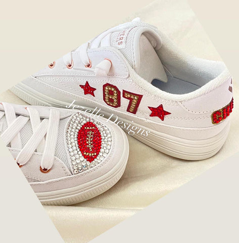 Image of Custom Chiefs Bling Skechers, Women's NFL Crystal Sneakers, Kansas City Game Day Shoes