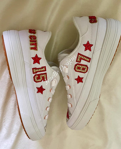 Image of Custom Chiefs Bling Skechers, Women's NFL Crystal Sneakers, Kansas City Game Day Shoes