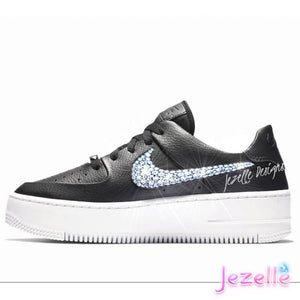 Crystal Nike Air Force 1 Sage Low, Black/White · Size 7, Ready to Ship, hand-jeweled by JezelleDesigns
