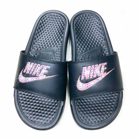 Image of Crystal Nike Benassi Slides, Black/Rose Gold, hand-jeweled by JezelleDesigns