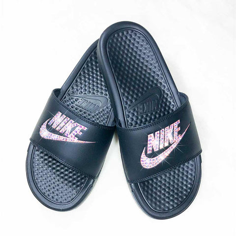 Image of Crystal Nike Benassi Slides, Black/Rose Gold, view 3, JezelleDesigns
