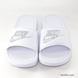 Crystal Nike Benassi Slides — White — hand-jeweled by JezelleDesigns