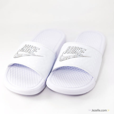 Image of Crystal Nike Benassi Slides, White, view 2, JezelleDesigns