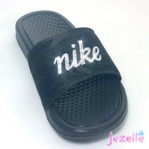 Crystal Nike Camo Slides, Olive · Size 7, Ready to Ship, hand-jeweled by JezelleDesigns