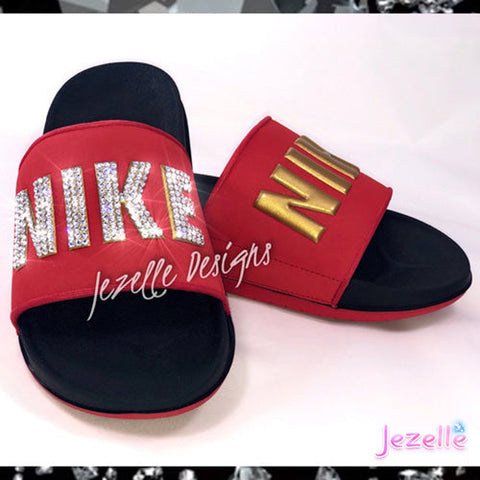 Image of Crystal Nike Offcourt Slides, Black/Red, view 3, JezelleDesigns