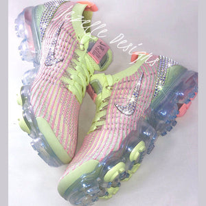 Crystal Nike VaporMax Flyknit 3, Barely Volt/Pink, hand-jeweled by JezelleDesigns