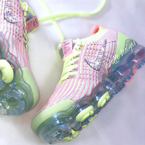 Image of Crystal Nike VaporMax Flyknit 3, Barely Volt/Pink, view 2, JezelleDesigns