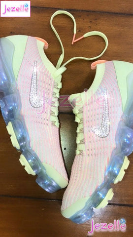 Image of Crystal Nike VaporMax Flyknit 3, Barely Volt/Pink, view 3, JezelleDesigns