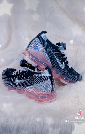 Custom Nike Air VaporMax Flyknit 3, Black/Pink Crystal, hand-jeweled by JezelleDesigns