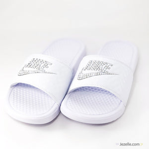 Blinged Out Nike Benassi Slides (White/White)