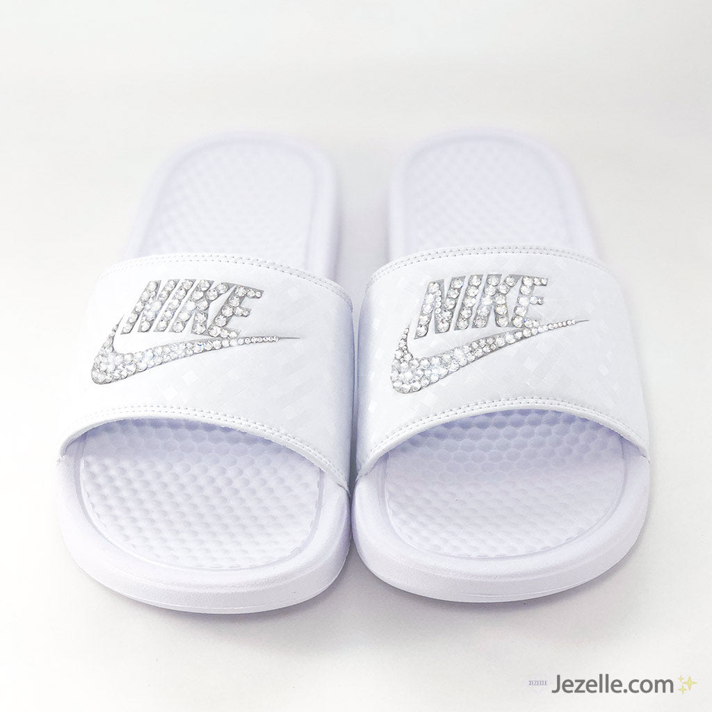 Blinged Nike Slides (White/White) -Jezelle.com
